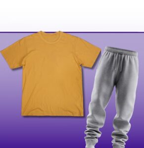 Gold t-shirt and gray sweatpants on purple background for apparel mockup