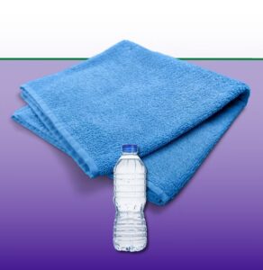 Blue towels and water bottle representing hydration and wellness resources