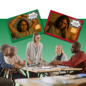 Diverse team discussing wellness initiatives with overlaid images of whole grain foods and speech bubbles representing healthy workplace conversations
