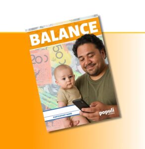 Man and baby with smartphone against colorful Australian banknotes background, illustrating financial balance and wellbeing