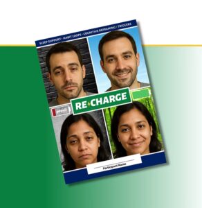 Recharge program brochure cover featuring four participant photos and text about sleep support, habit loops, cognitive reframing, and triggers