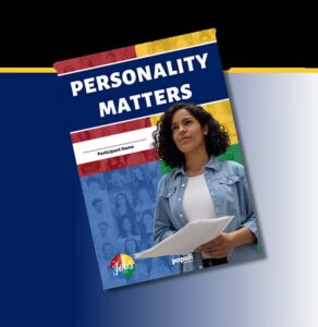Personality Matters program workbook cover featuring a woman holding a tablet
