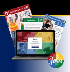 DISC careers portal displayed on laptop surrounded by recruitment brochures for Traffic Control and New Locations positions