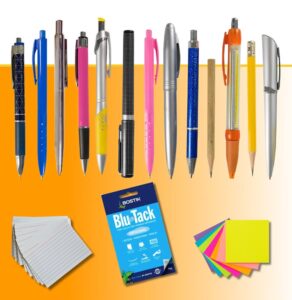 Assorted pens, notepads, and Blu Tack adhesive arranged on orange and yellow background