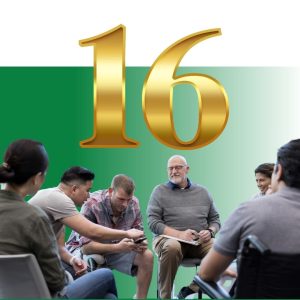 Group of adults in a circle discussion beneath a large golden number 16, representing the 16 Personalities framework or team building exercise