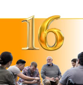 Group of diverse adults sitting in a circle with large gold number 16 on orange gradient background behind them