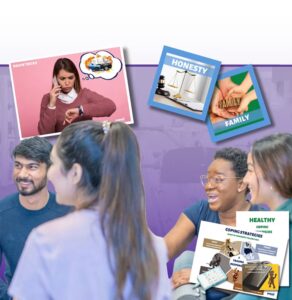 Diverse group of employees in conversation with wellbeing program materials visible, including healthy coping strategies and family values posters on wall