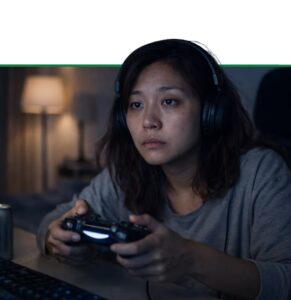 Person wearing headphones holding a gaming controller, appearing focused during gameplay