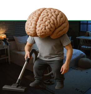 Person with oversized brain head vacuuming floor, symbolizing mental clarity and cognitive wellness