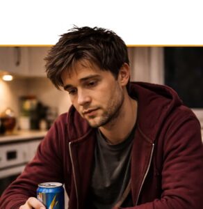 Man in maroon hoodie holding a beverage, sitting in a kitchen setting for a workplace wellness program visual
