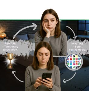 Two teenagers with smartphones demonstrating reward-seeking behavior cycles: scrolling social media apps, temporary distraction from a trophy, and routine phone use