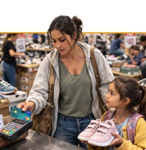 Woman and child at a shoe donation event, woman paying with a credit card at a point-of-sale terminal
