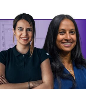 Two smiling women against a purple background, representing diverse team members for workplace wellbeing programs