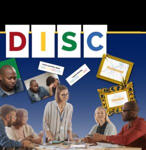 DISC personality assessment tool showing diverse team members in workplace discussion with labels for Distracted and Creative traits