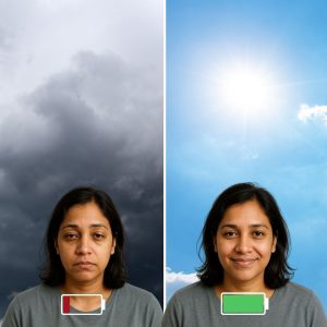 Before and after comparison showing woman's facial expression transforming from tired and stressed to calm and smiling
