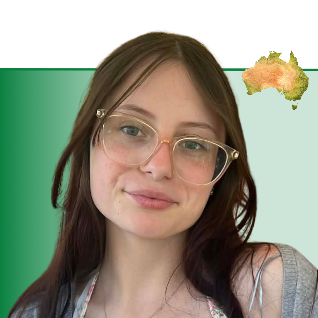 Jorja Baxter, Administrative Support team member, wearing glasses against a green background with Australian map graphic