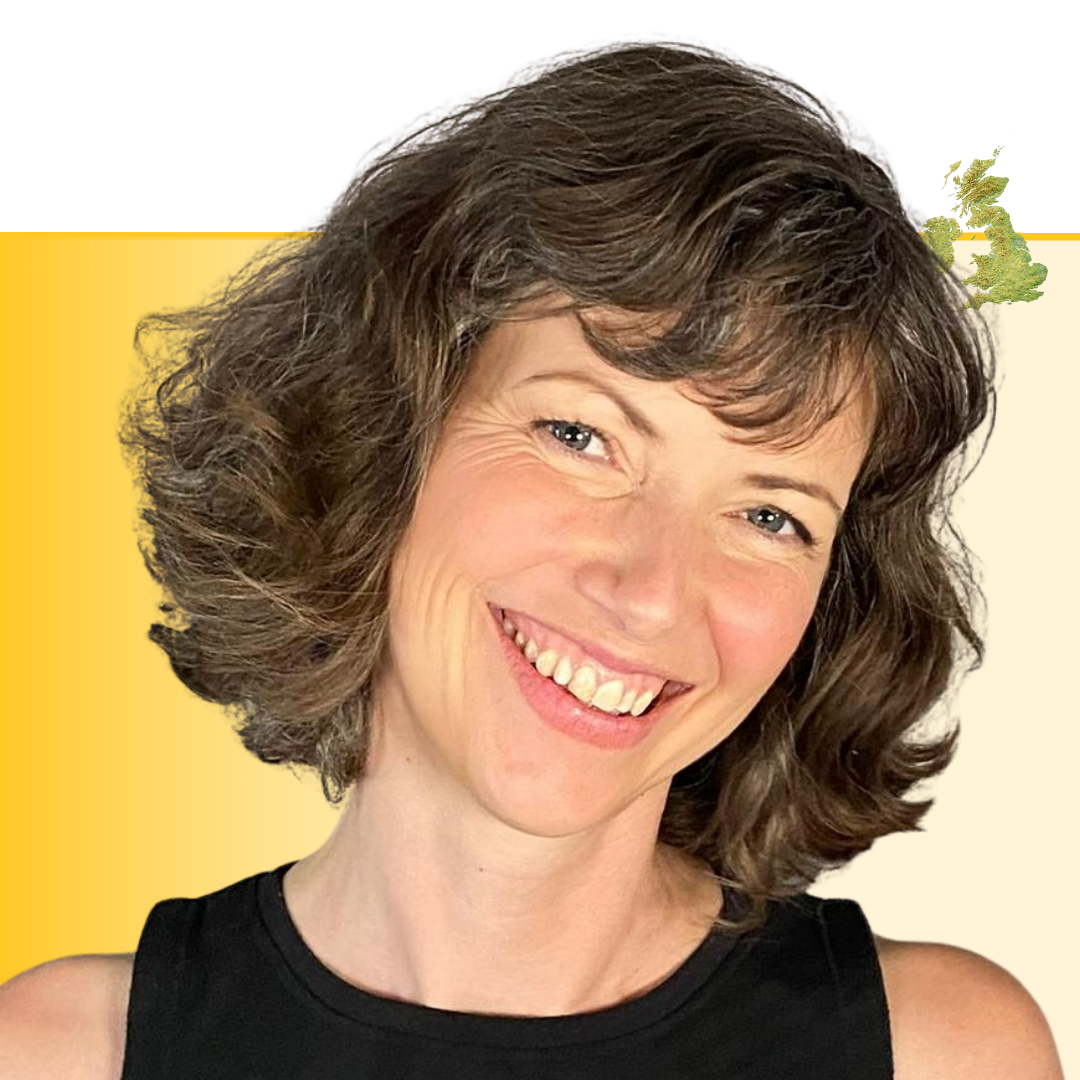 Laura Freeman, Head of Partnerships, smiling at camera against yellow background with UK map detail