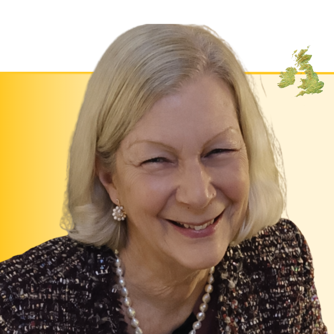 Patricia Charlesworth, Head of Programme Coordination, smiling at camera with yellow background and UK map graphic