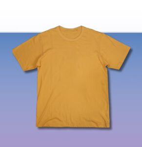 Gold crew neck t-shirt with short sleeves on blue and purple gradient background