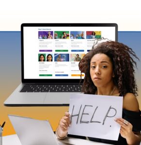 Woman at desk holding a help sign, with laptop showing employee support service options in background