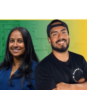 Two smiling professionals posed against a green and yellow gradient background