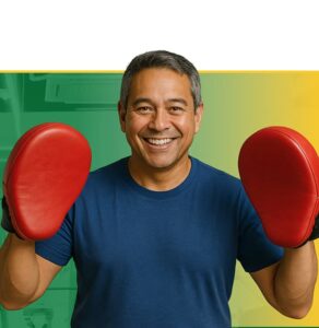 Smiling man in blue shirt wearing red boxing gloves against green and yellow gradient background