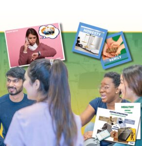 Two people in conversation with educational posters on wall showing brain tricks, honesty, family values, and healthy coping strategies