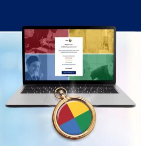 Laptop displaying a personality assessment modal with colored quadrants and a compass tool showing DISC personality type results