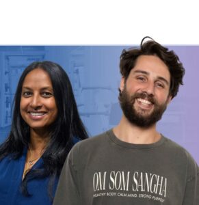 Two smiling people against a blue and purple gradient background, representing Populi's diverse team and workplace wellbeing focus