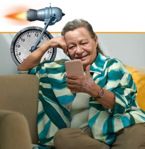 Woman in striped shirt holding tablet device, smiling at camera with clock and rocket illustration in background