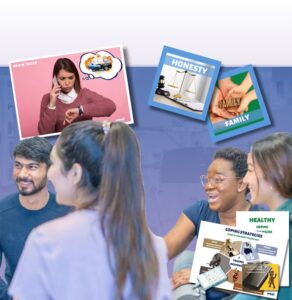 Group of adults in workplace discussion with displayed posters on character values including honesty, family, and healthy coping strategies