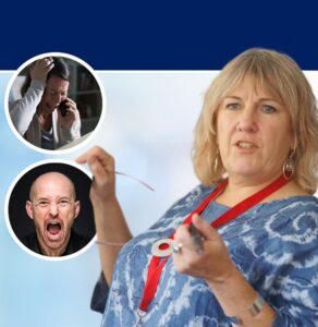 Woman demonstrating stress management techniques with circular insets showing a frustrated man on phone and angry man, illustrating emotional wellness coaching