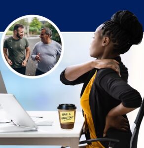 Woman at desk viewing video call with two men jogging outdoors, representing virtual wellness program connection
