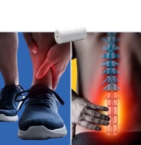 Ankle injury from sports impact on left side; spinal pain from impact on right side, illustrating common musculoskeletal workplace injuries