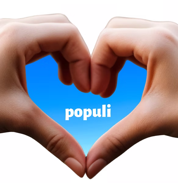 Two hands forming a heart shape with Populi logo inside, symbolizing care and wellbeing