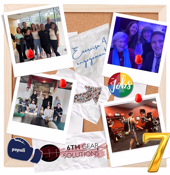 Collage of team photos, company logos for Populi and 6th Gear Solutions, and the Jóos rainbow logo with photos featuring red stress balls and the number 7