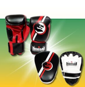 Morgan brand boxing gloves and mitts in red, black and white