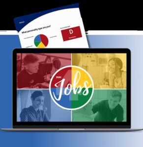 DISC personality assessment tool showing four-quadrant color-coded model with Jobs branding displayed on laptop screen and sample assessment materials