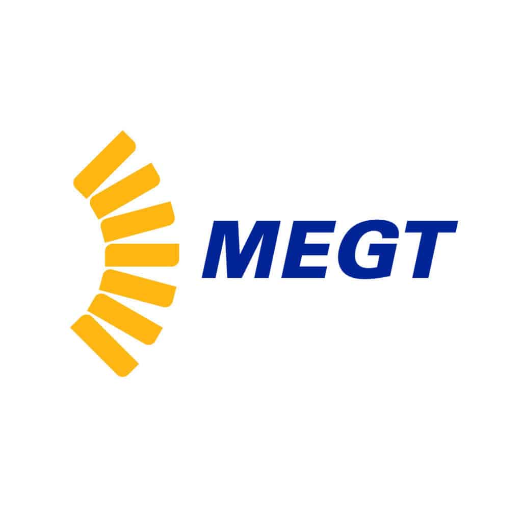 MEGT logo with yellow radiating lines and blue text