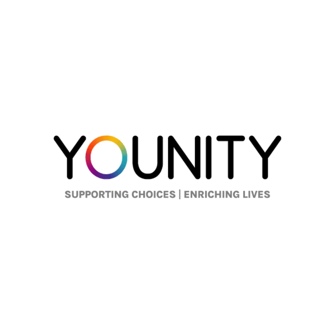 Younity logo with rainbow circle and tagline Supporting Choices, Enriching Lives