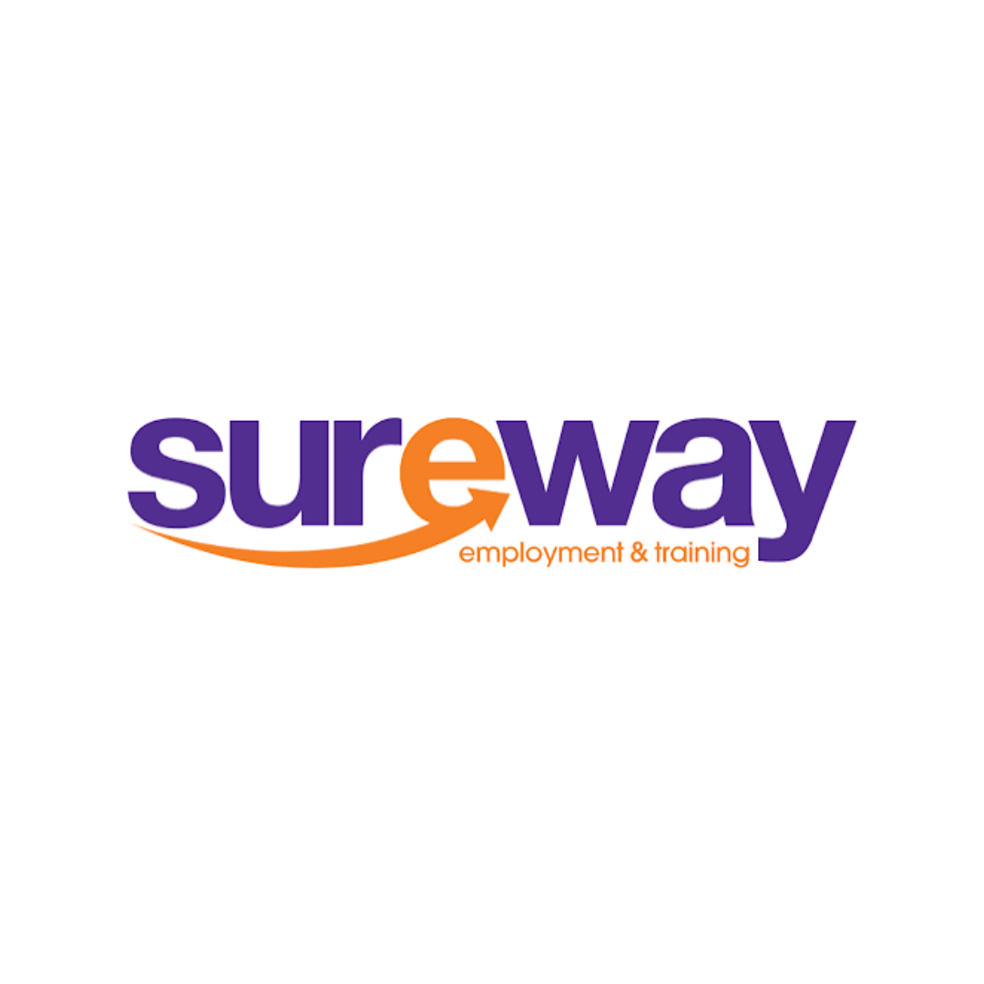 Sureway employment & training logo with purple text and orange curved arrow accent