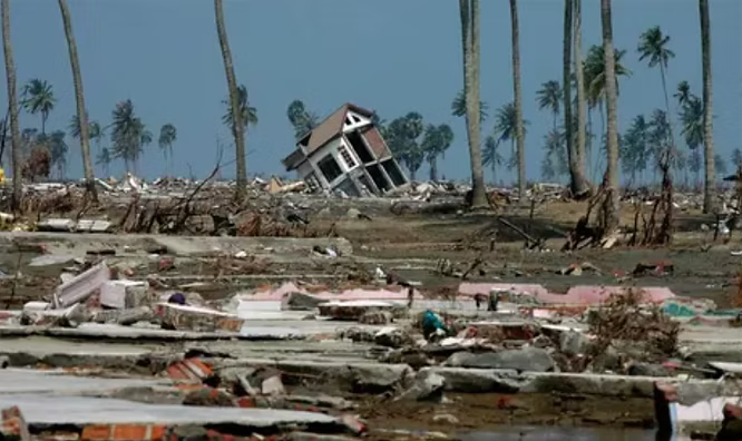 Devastated landscape with collapsed building and palm trees after natural disaster or catastrophe